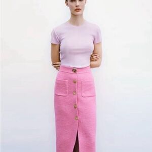 Zara Pink Buttoned Textured Skirt M Medium